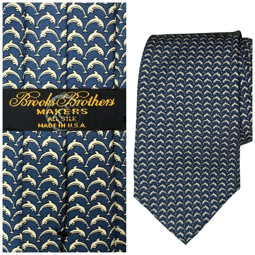 BROOKS BROTHERS 100% Silk Tie Made In USA Imported Mens Blue Dolphin Necktie 57